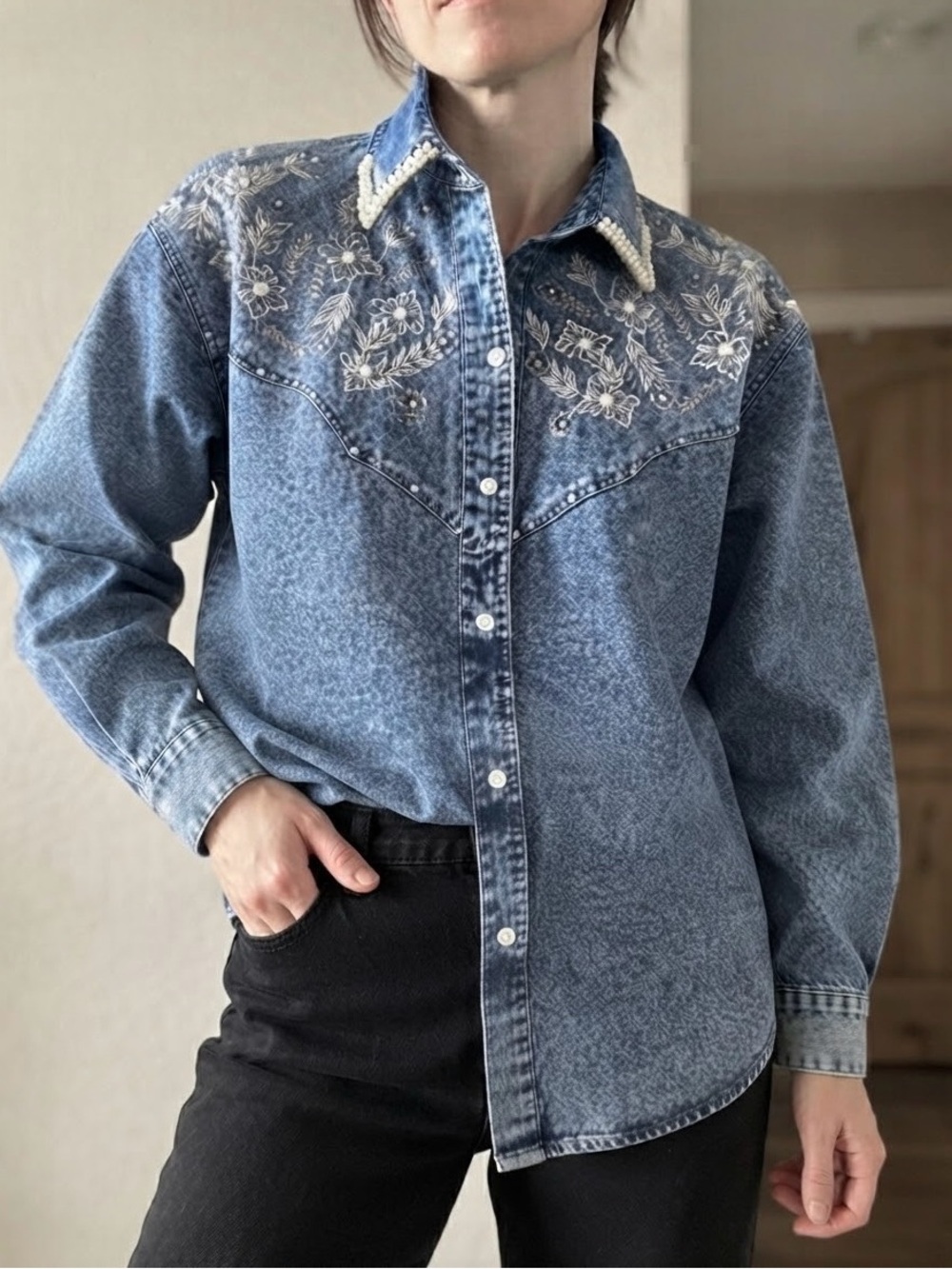Tafado Blue Denim Western-Style Shirt with White Embroidery